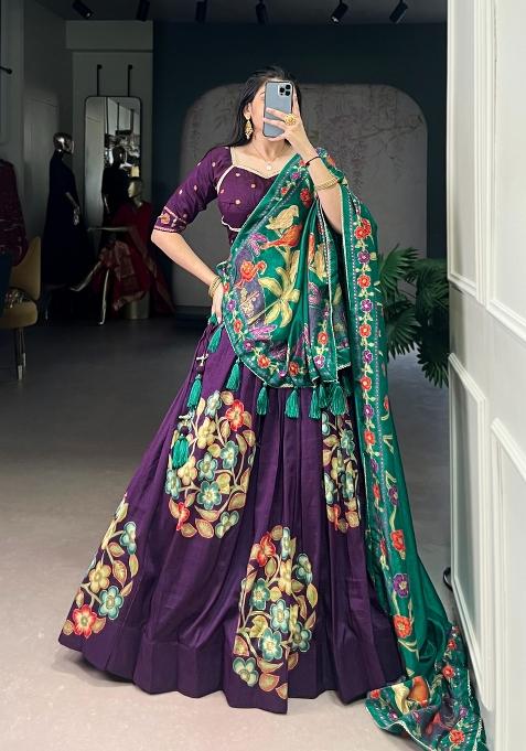 Purple Printed Silk Lehenga Set