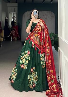 Green Printed Silk Lehenga Set