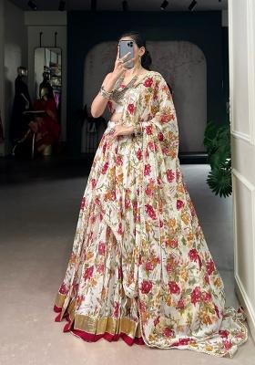 White Floral Print Chiffon Lehenga Set