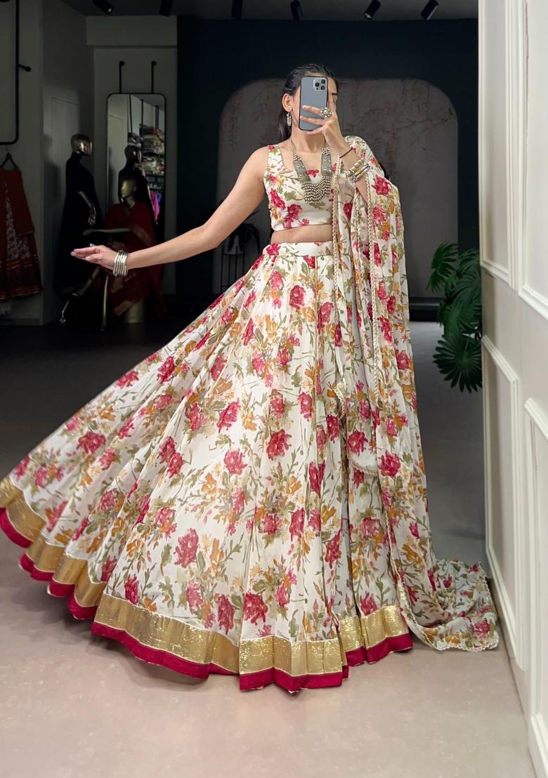 White Floral Print Chiffon Lehenga Set - Indya