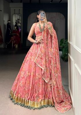 Peacock Floral Print Chiffon Lehenga Set