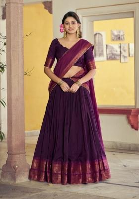 Purple Zari Work Cotton Lehenga Set