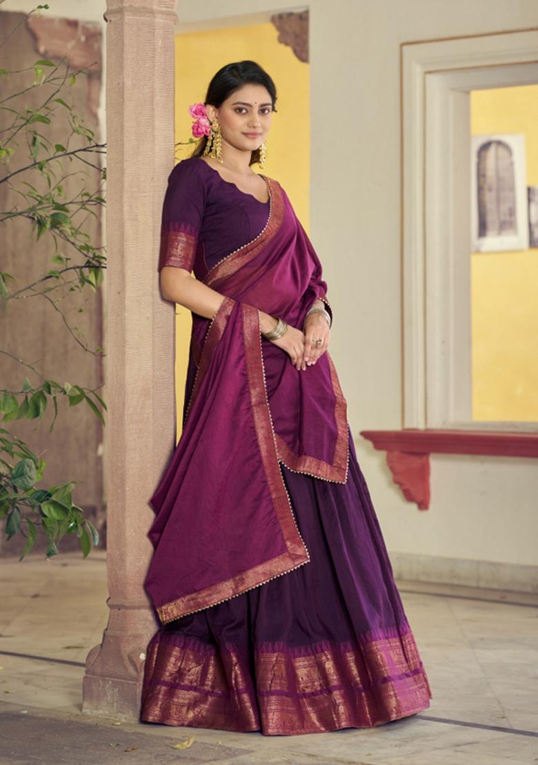 Purple Zari Work Cotton Lehenga Set - Indya