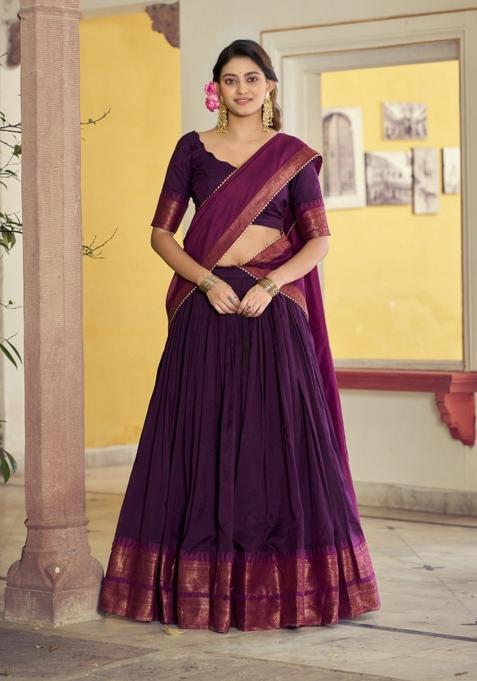 Purple Zari Work Cotton Lehenga Set