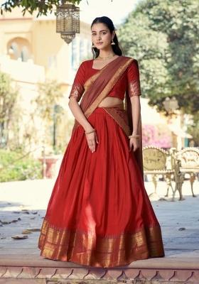 Red Zari Work Cotton Lehenga Set