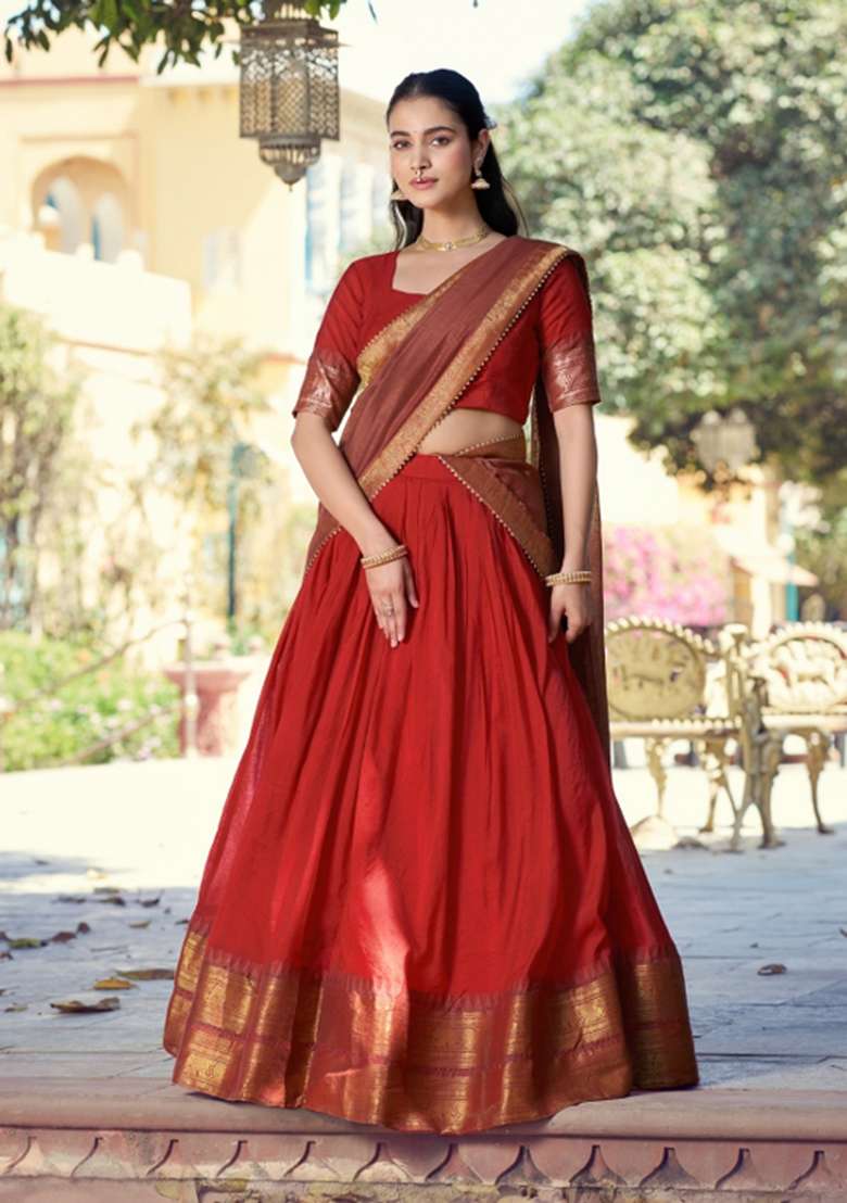 Red Cotton Lehenga Set with Zari Work for Diwali | Wedding & Festive Wear - Indya
