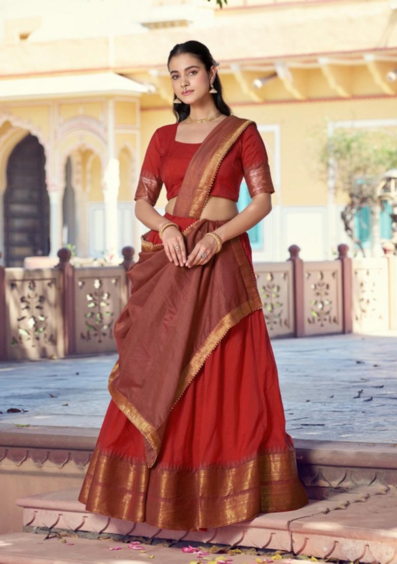 Red Zari Work Cotton Lehenga Set - Indya
