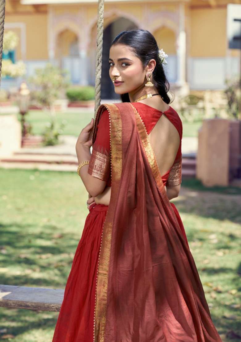 Red Cotton Lehenga Set with Zari Work for Diwali | Wedding & Festive Wear - Indya