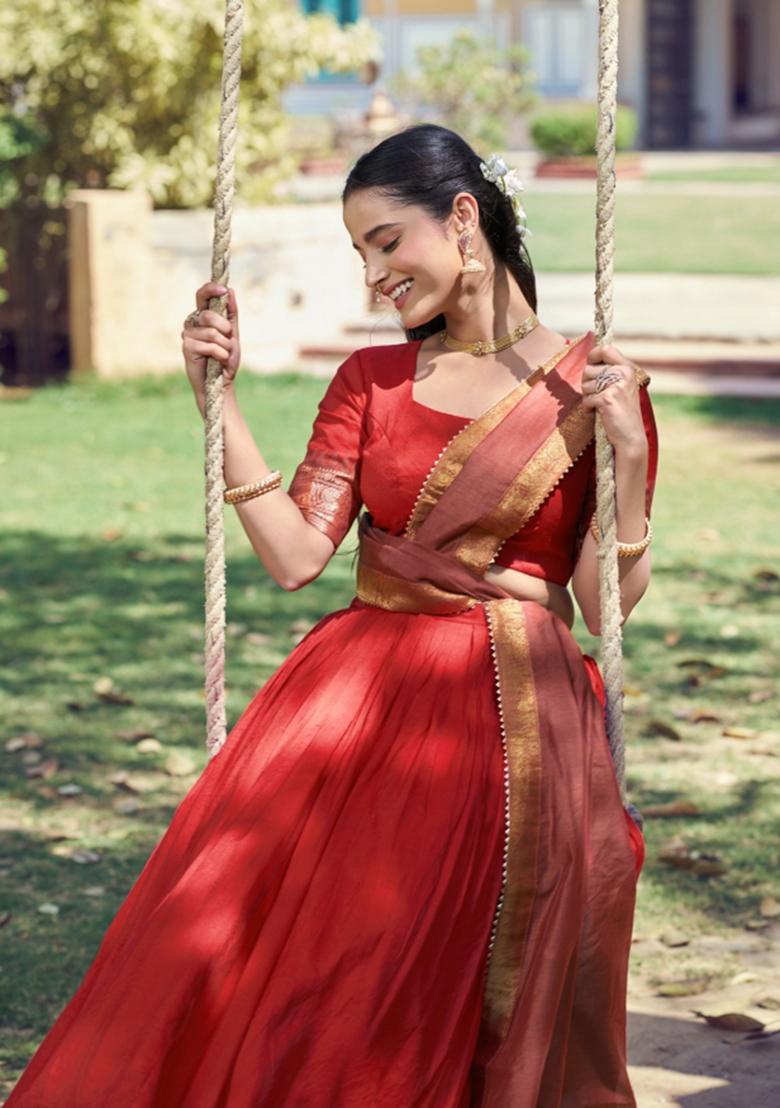 Red Zari Work Cotton Lehenga Set - Indya
