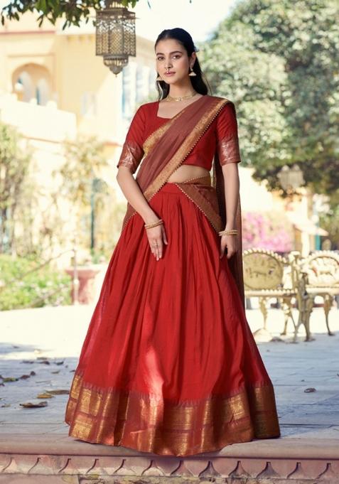 Red Zari Work Cotton Lehenga Set
