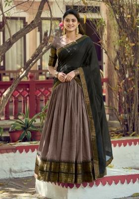 Brown Zari Work Cotton Lehenga Set