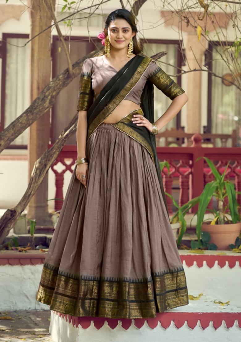 Brown Zari Work Cotton Lehenga Set - Indya