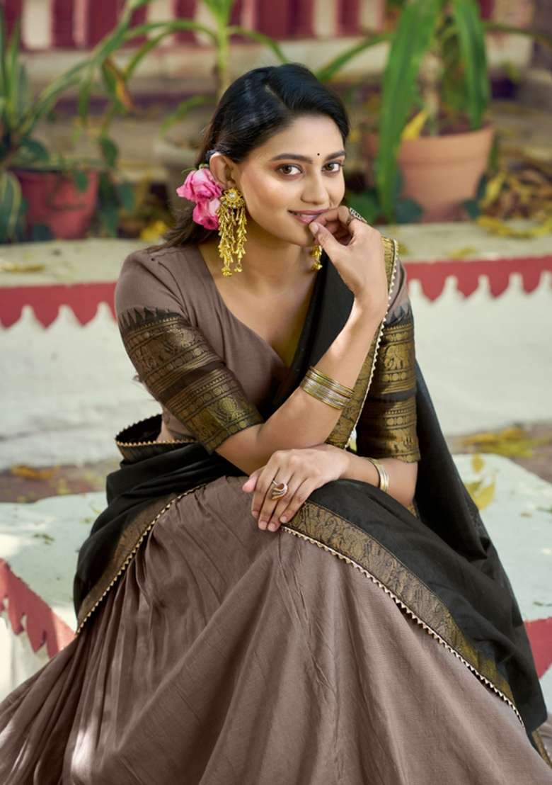 Brown Zari Work Cotton Lehenga Set for Diwali and Festive Wear - Indya