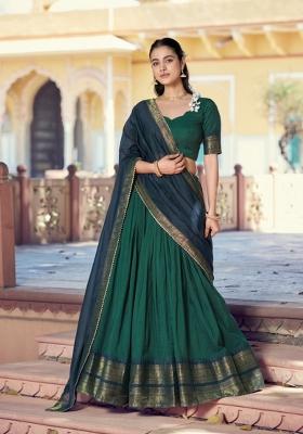 Green Zari Work Cotton Lehenga Set