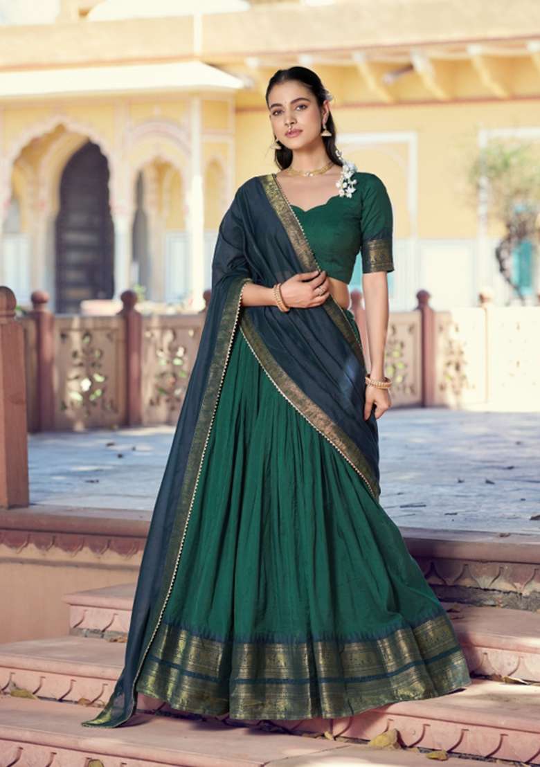 Green Zari Work Cotton Lehenga Set for Diwali and Festive Wear - Indya