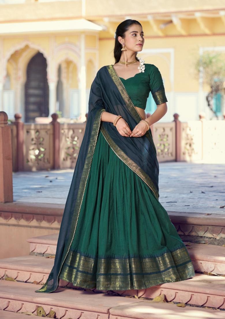 Green Zari Work Cotton Lehenga Set - Indya