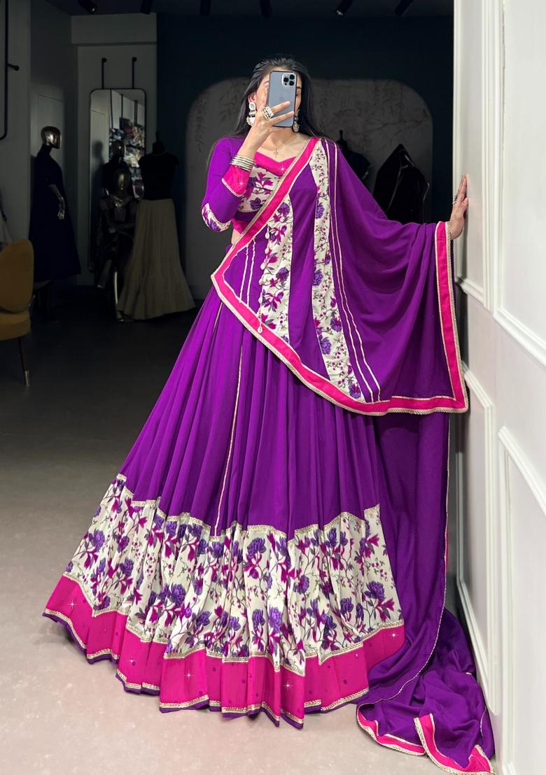 Purple Mirror Work Rayon Lehenga Set - Indya