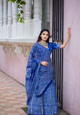 Blue Printed Silk Lehenga Set