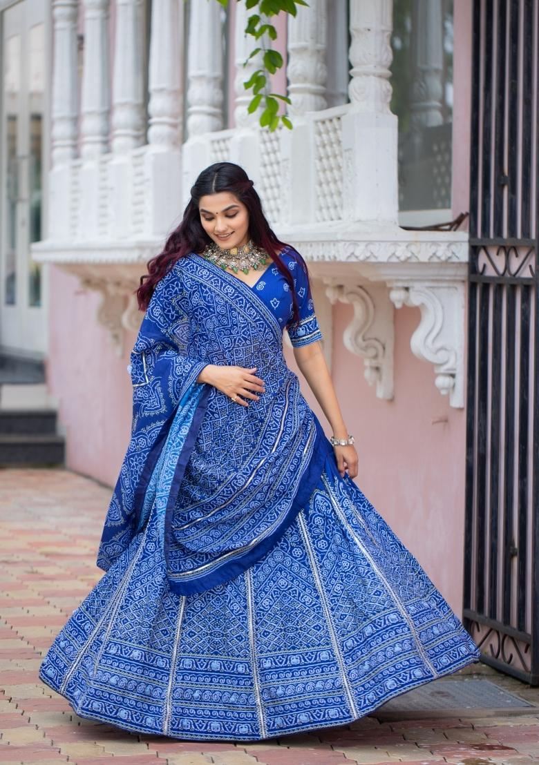 Blue Printed Silk Lehenga Set - Indya