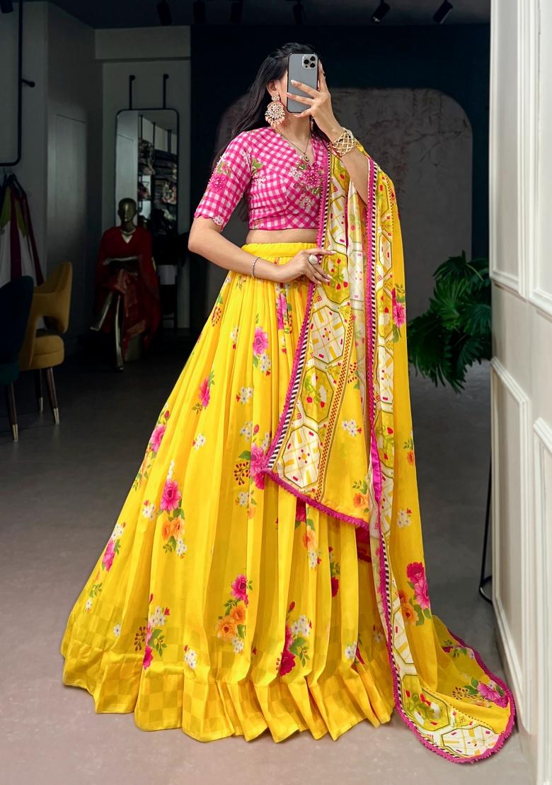 Yellow Printed Georgette Lehenga Set - Indya