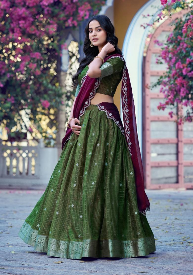 Mehendi Zari Work Chinon Lehenga Set - Indya