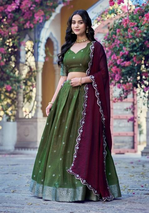 Mehendi Zari Work Chinon Lehenga Set