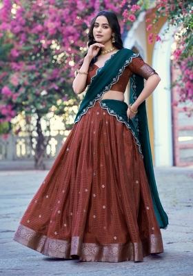 Orange Zari Work Chinon Lehenga Set