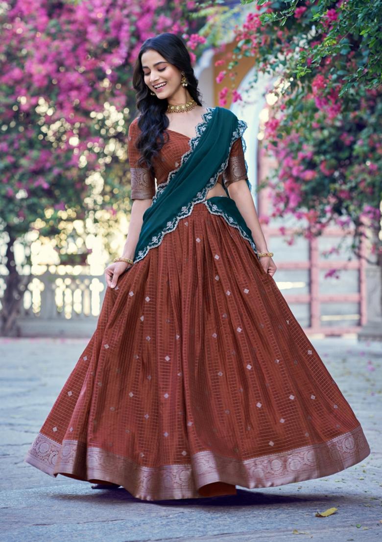 Orange Zari Work Chinon Lehenga Set - Indya