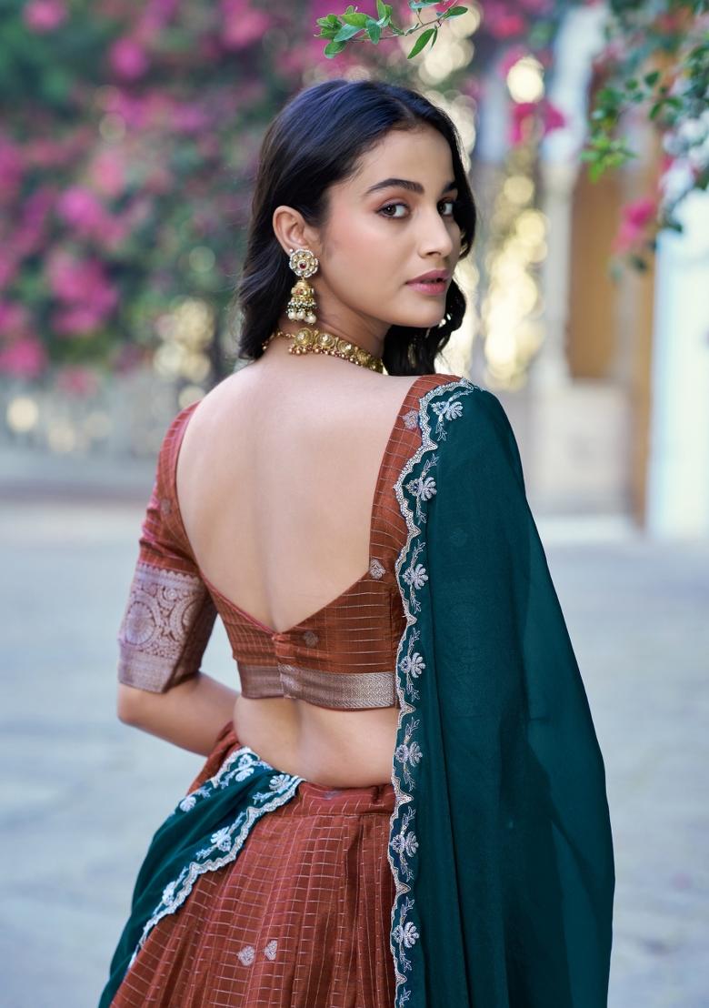 Orange Zari Work Chinon Lehenga Set - Indya