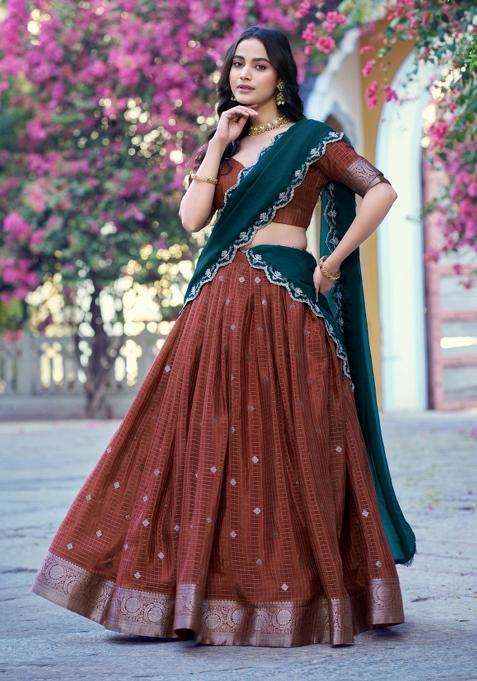Orange Zari Work Chinon Lehenga Set