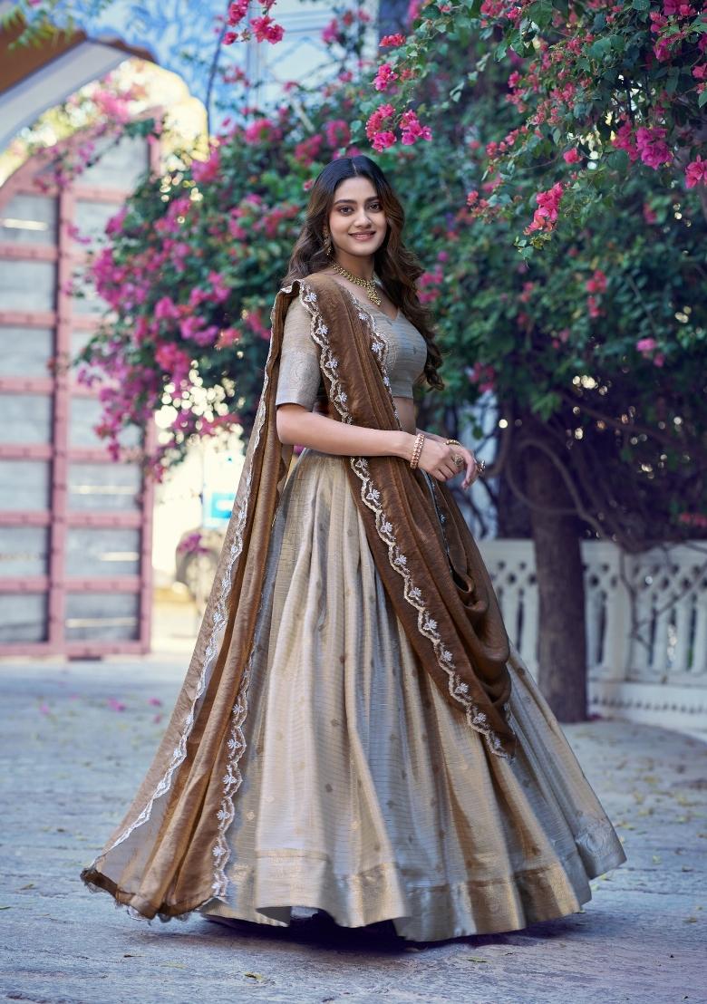 Cream Zari Work Chinon Lehenga Set - Indya
