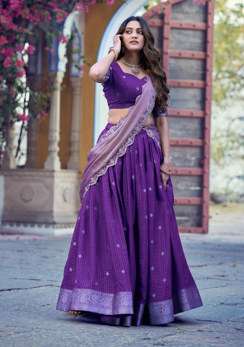 Purple Zari Work Chinon Lehenga Set - Indya