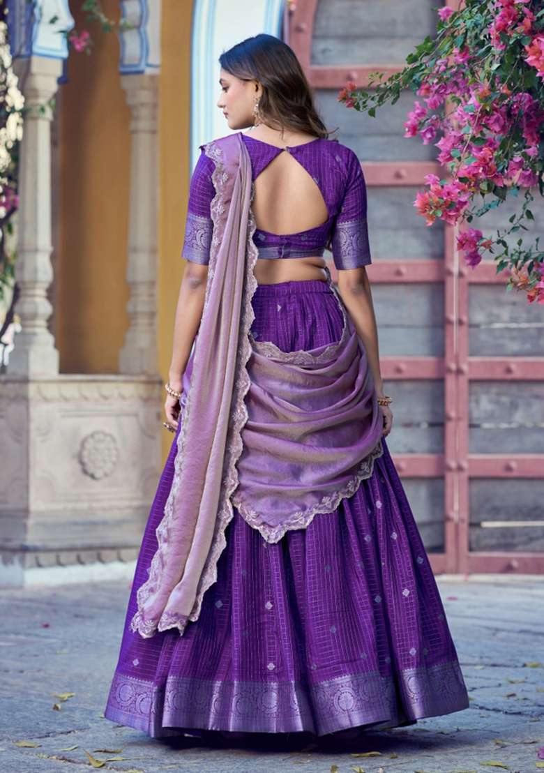 Purple Zari Work Chinon Lehenga Set - Indya