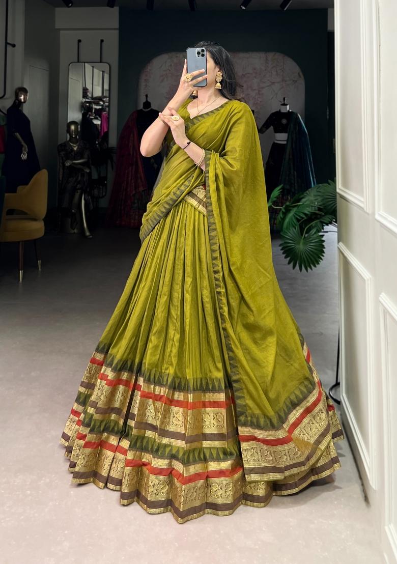 Mehendi Zari Work Chanderi Lehenga Set - Indya