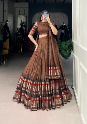 Brown Zari Work Chanderi Lehenga Set