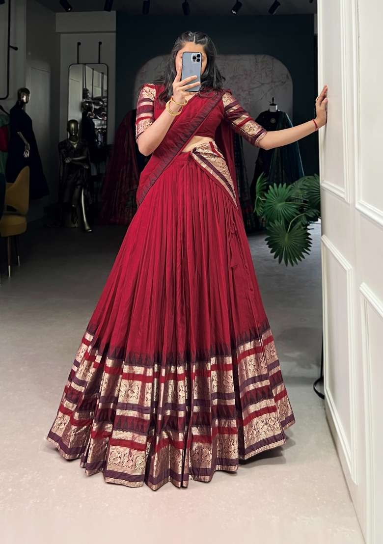 Red Zari Work Chanderi Lehenga Set for Diwali and Festive Wear - Indya