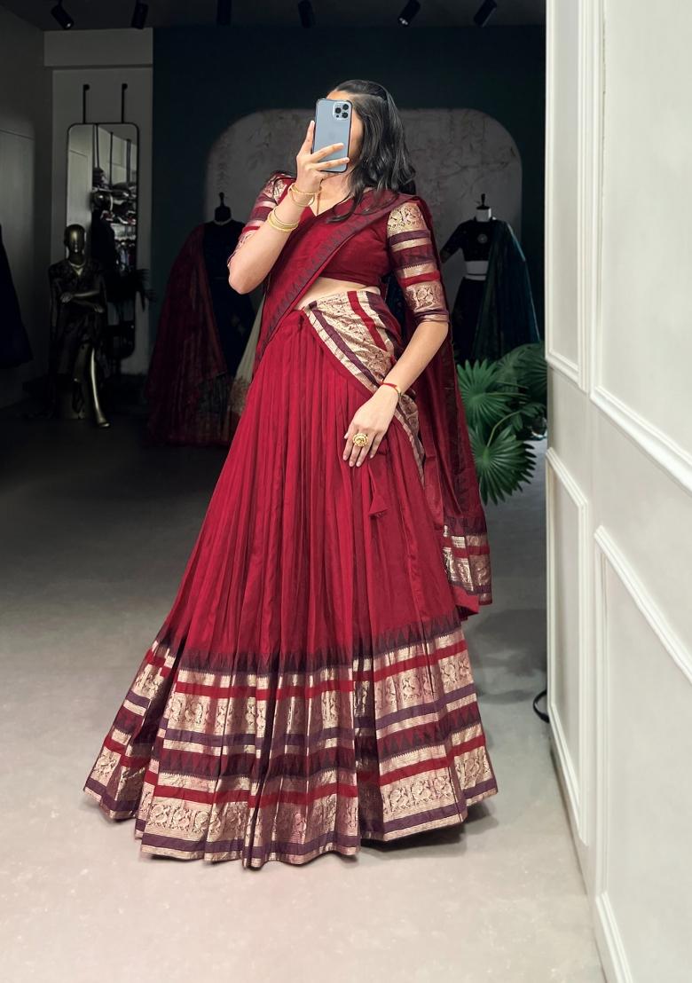 Red Zari Work Chanderi Lehenga Set - Indya