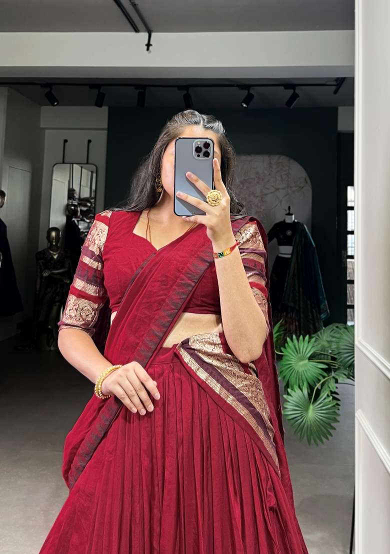 Red Zari Work Chanderi Lehenga Set for Diwali and Festive Wear - Indya