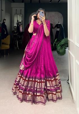 Pink Zari Work Chanderi Lehenga Set