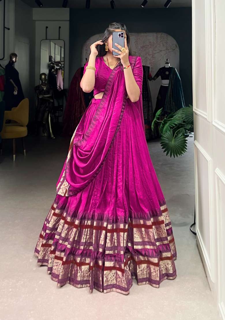 Pink Zari Work Chanderi Lehenga Set for Diwali and Festive Wear - Indya
