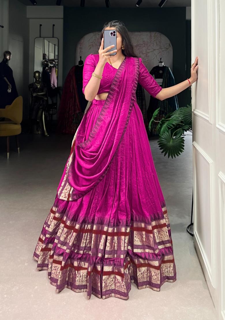 Pink Zari Work Chanderi Lehenga Set - Indya