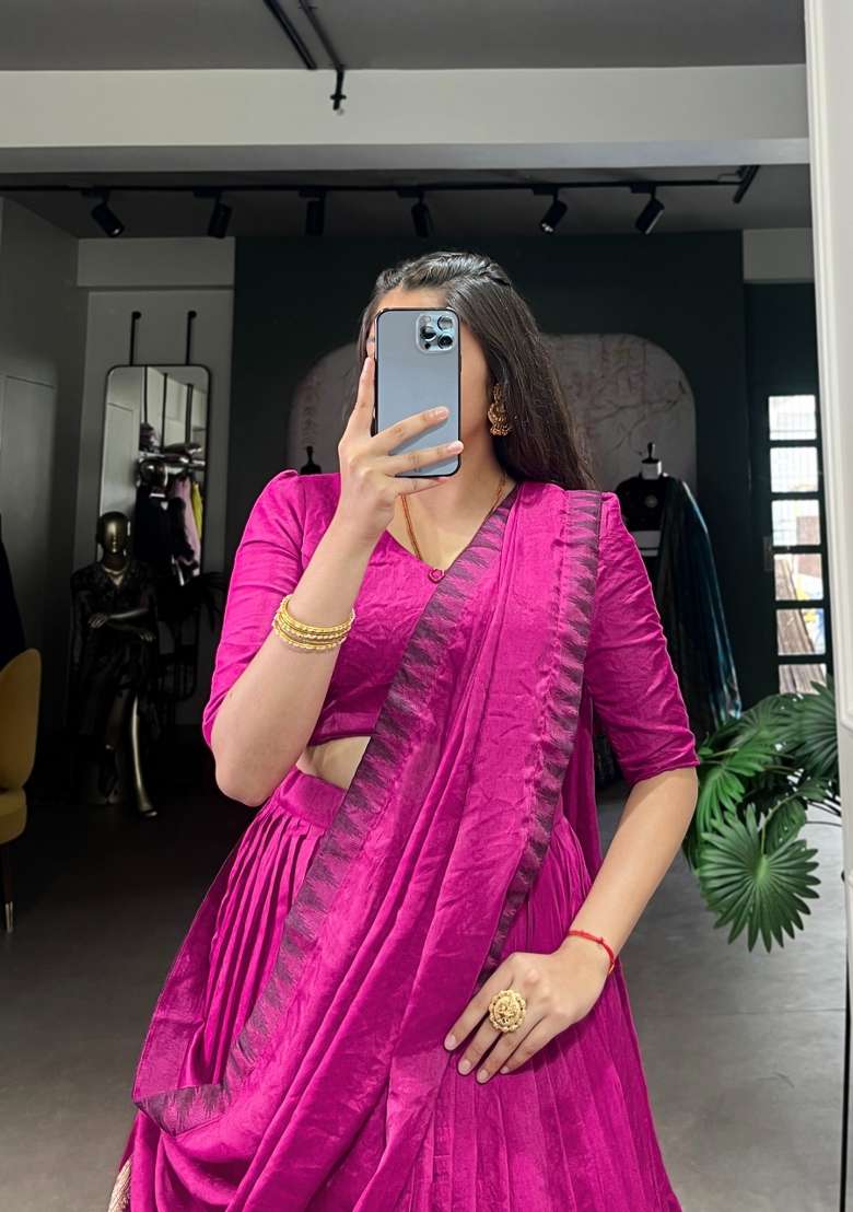 Pink Zari Work Chanderi Lehenga Set for Diwali and Festive Wear - Indya