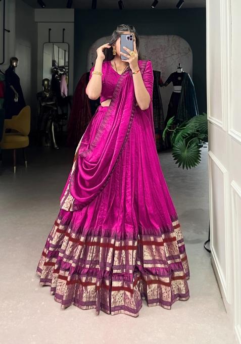Pink Zari Work Chanderi Lehenga Set