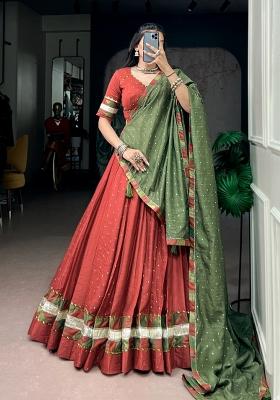 Red Zari Work Chanderi Lehenga Set