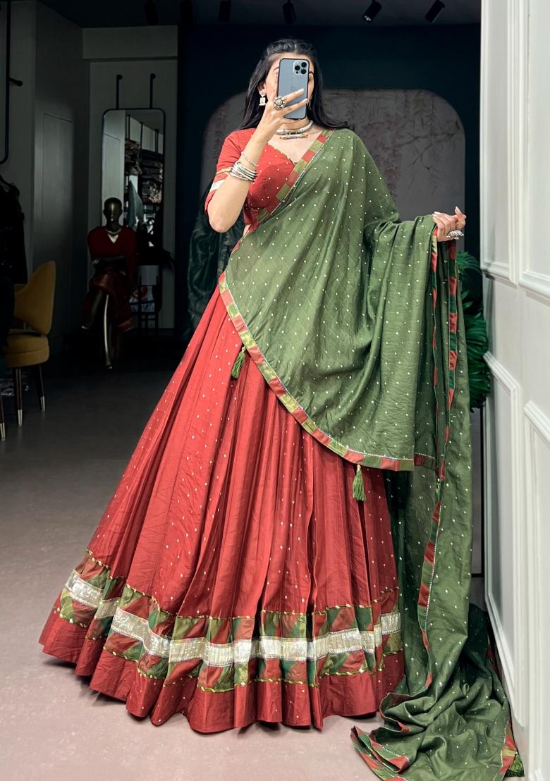 Red Zari Work Chanderi Lehenga Set - Indya