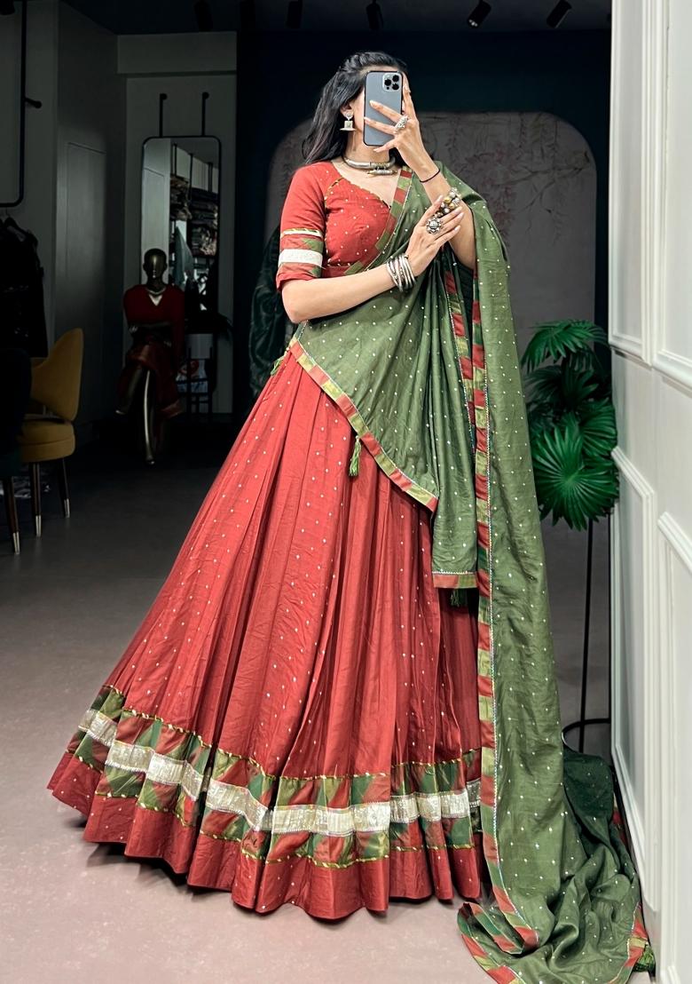 Red Zari Work Chanderi Lehenga Set - Indya