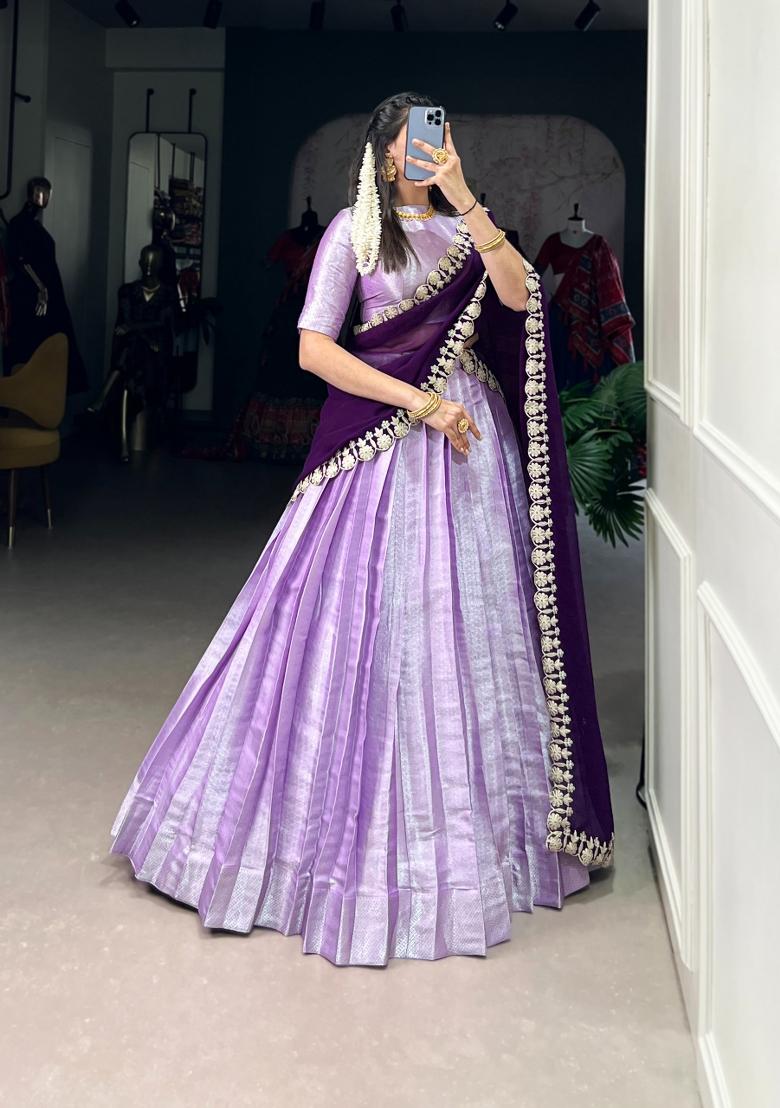 Purple Weaving Work Silk Lehenga Set - Indya