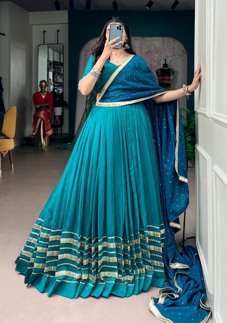 Blue Mirror Work Chanderi Lehenga Set - Indya