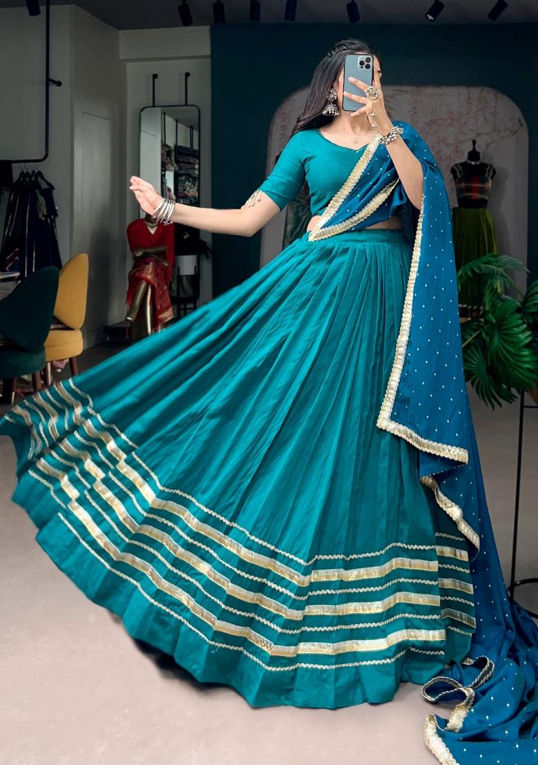 Blue Mirror Work Chanderi Lehenga Set - Indya