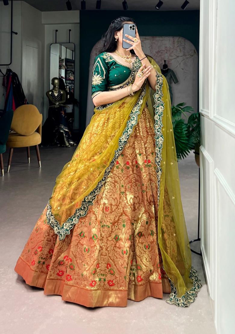 Green Zari Work Silk Lehenga Set - Indya